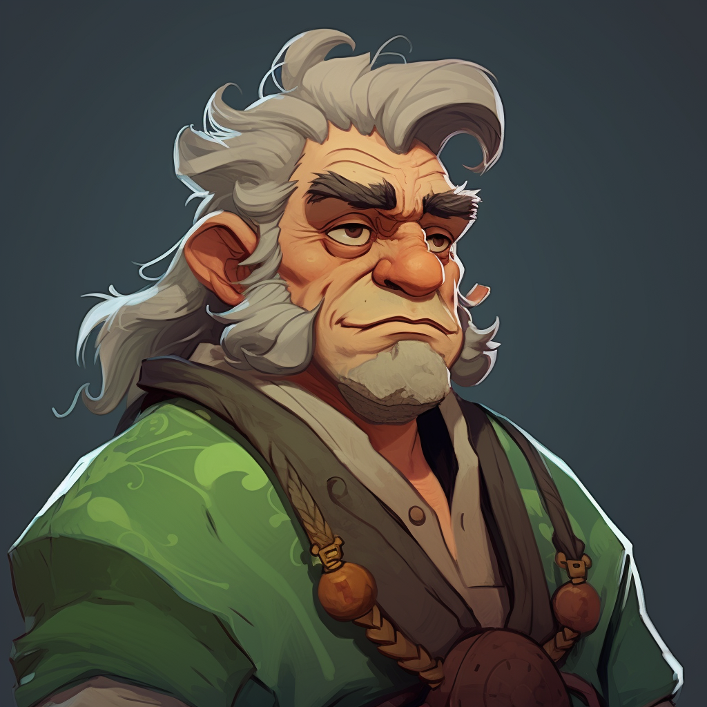 Hob wearing a green tunic with gray hair in a ponytail