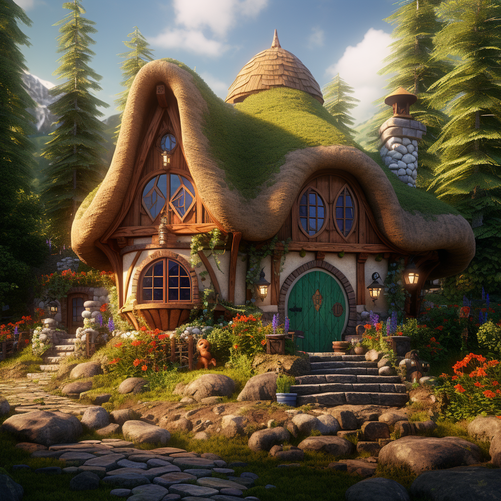 Charming hobbit cabin with colorful ornaments