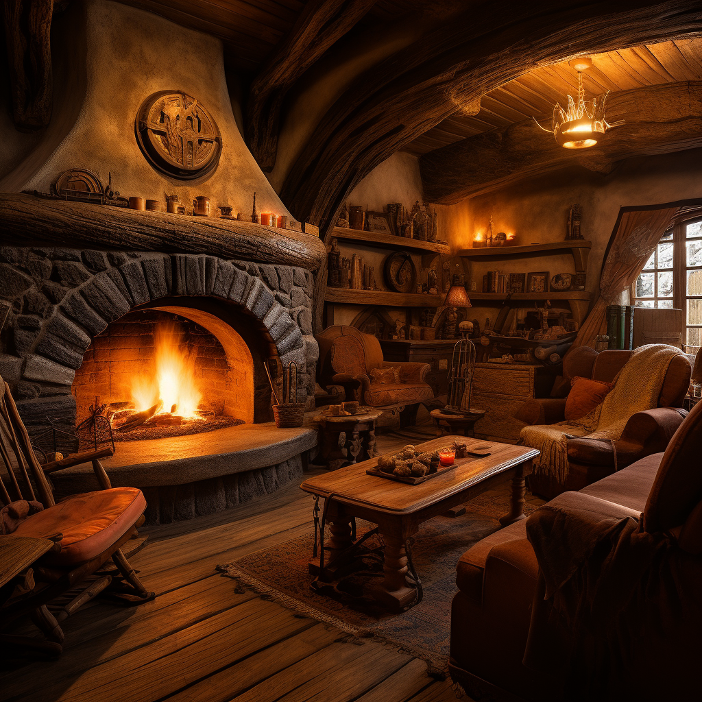 Cosy hobbit hole interior with burning fireplace