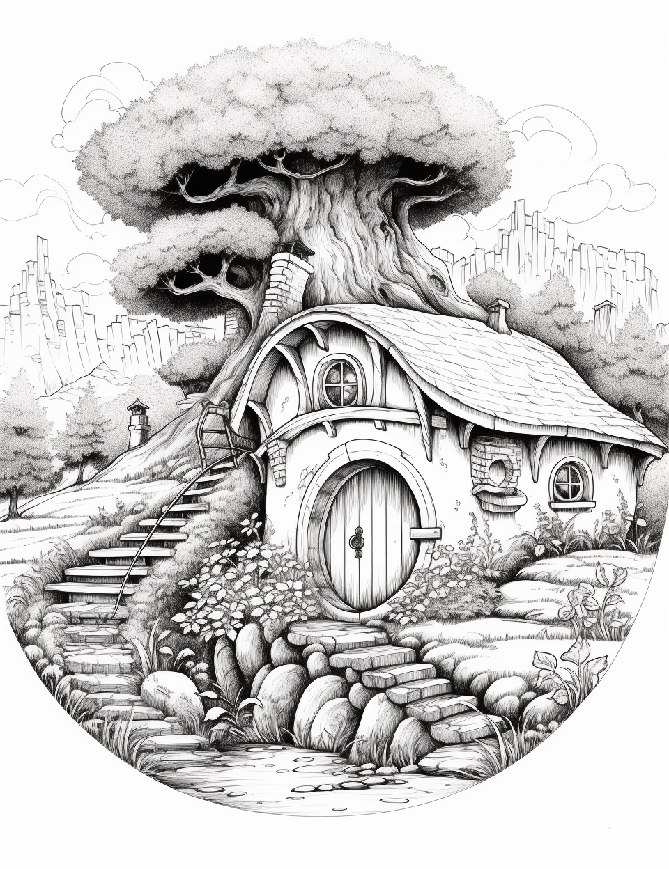 Black and white sketch of charming hobbit home