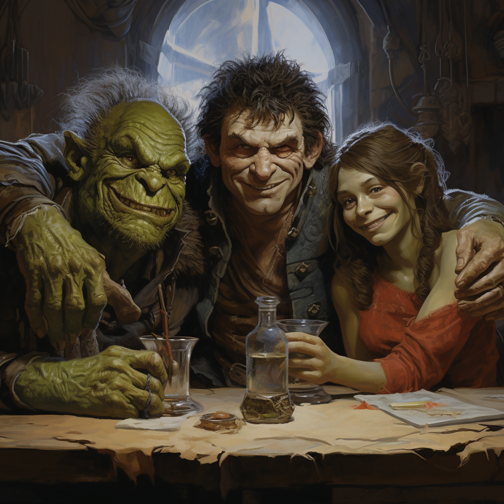 Hobbit and Orc Family Sitting in House