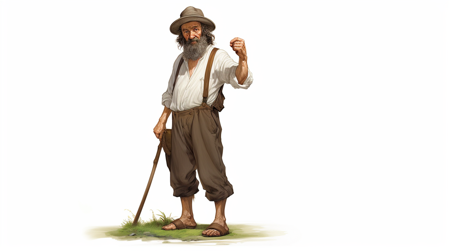 Middle-aged hobbit traveler with feather in cap