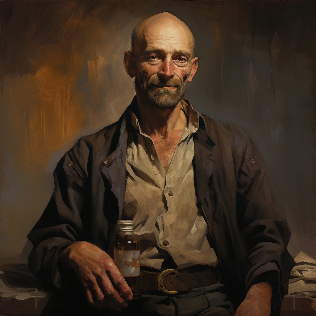 Bald hobo man holding dynamite in 1870 painting