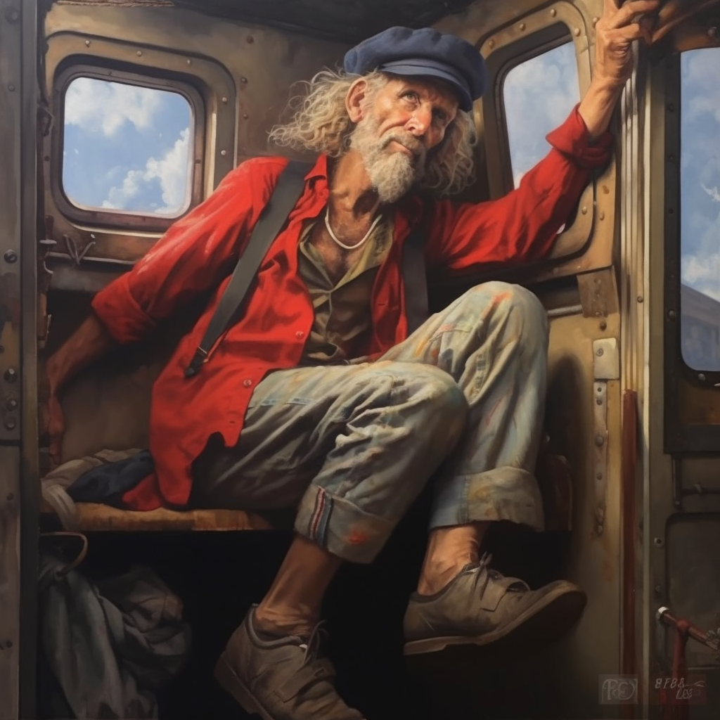 Hobo riding train with feet out