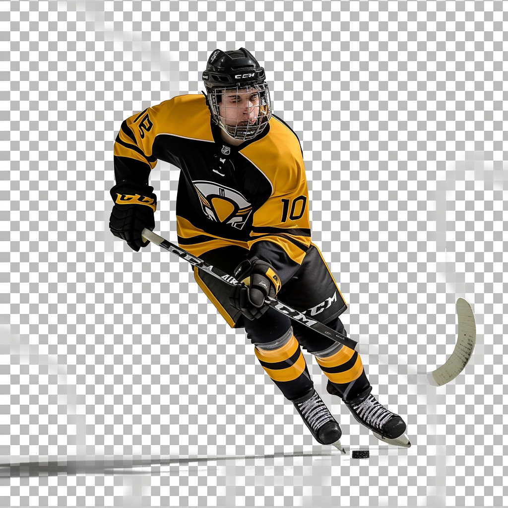 hockey player black yellow uniform moving impact transparent