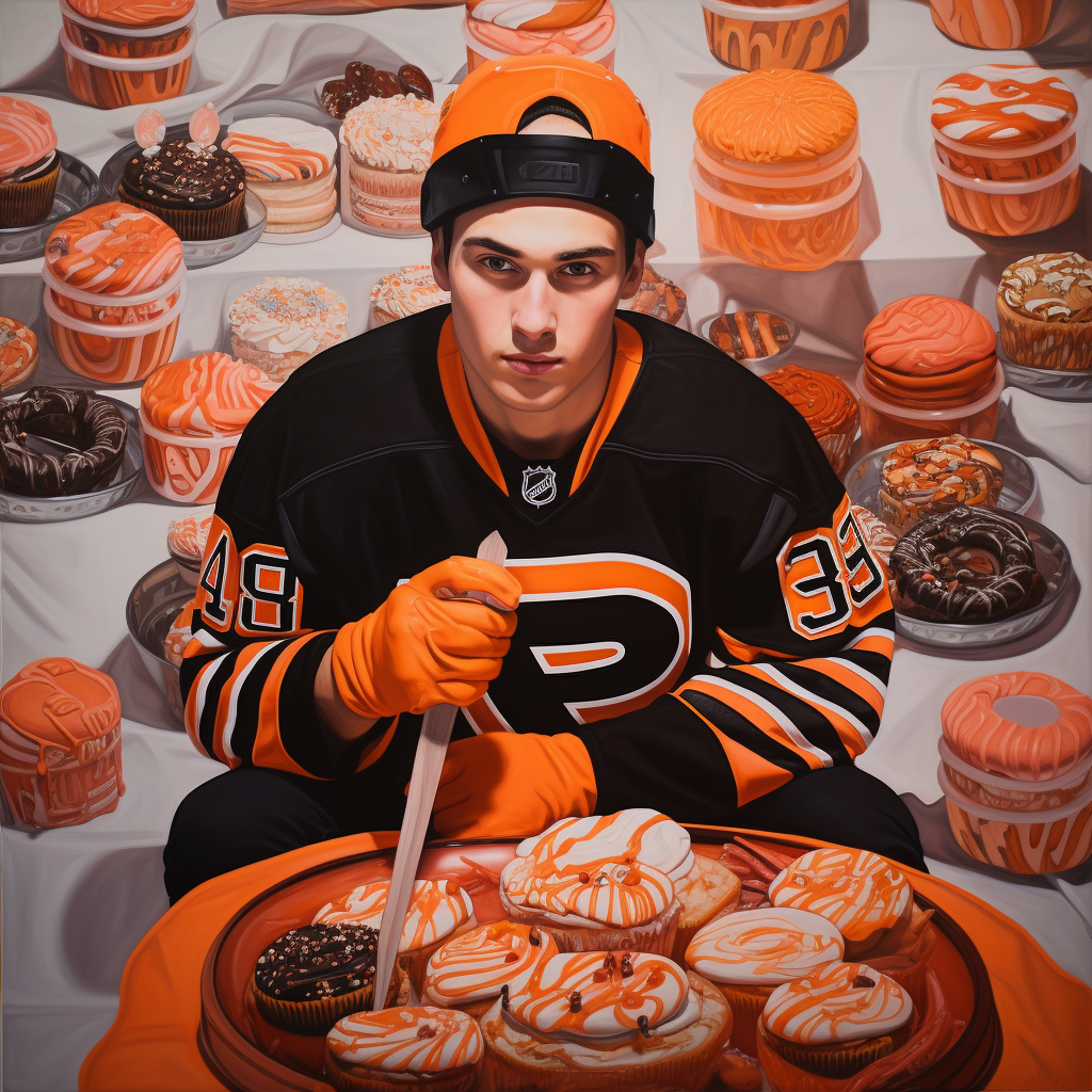 Talented hockey player enjoying a tasty cinnamon bun