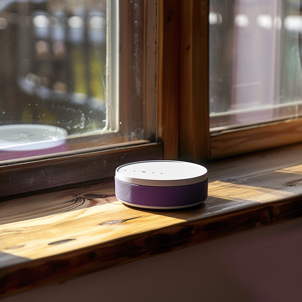 Purple speaker and hockey puck