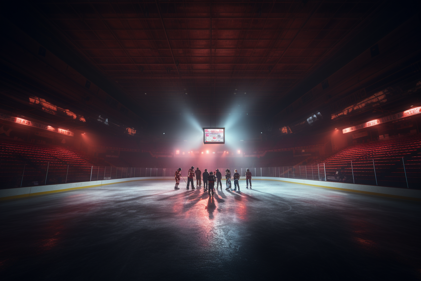 Group of people standing on lit hockey rink