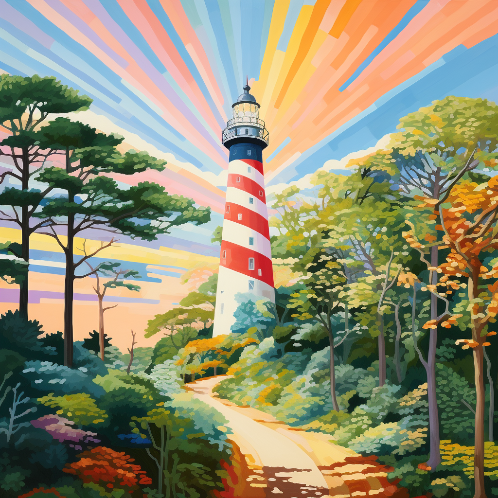 Lighthouse surrounded by trees with visible brushstrokes