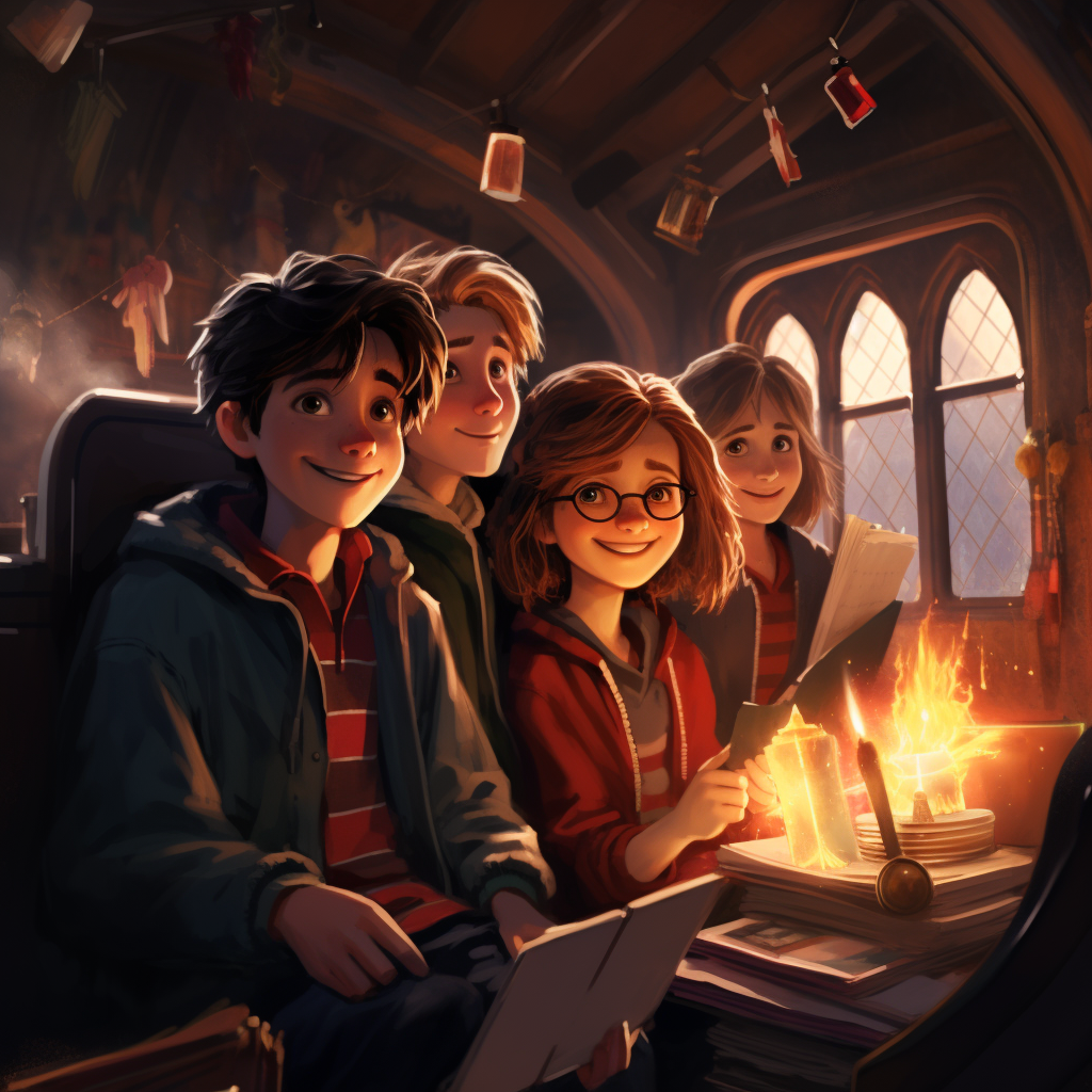 Harry Potter, Ron & Hermione sitting in Hogwart Express