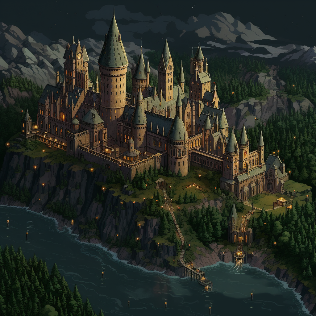 Aerial view of Hogwarts in pixel art