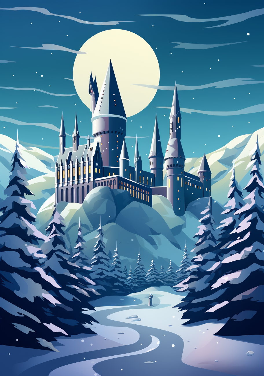 Minimalistic Hogwarts Snowy Day Illustration