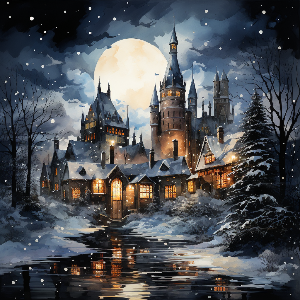 Aquarel illustration of Hogwarts during Christmas