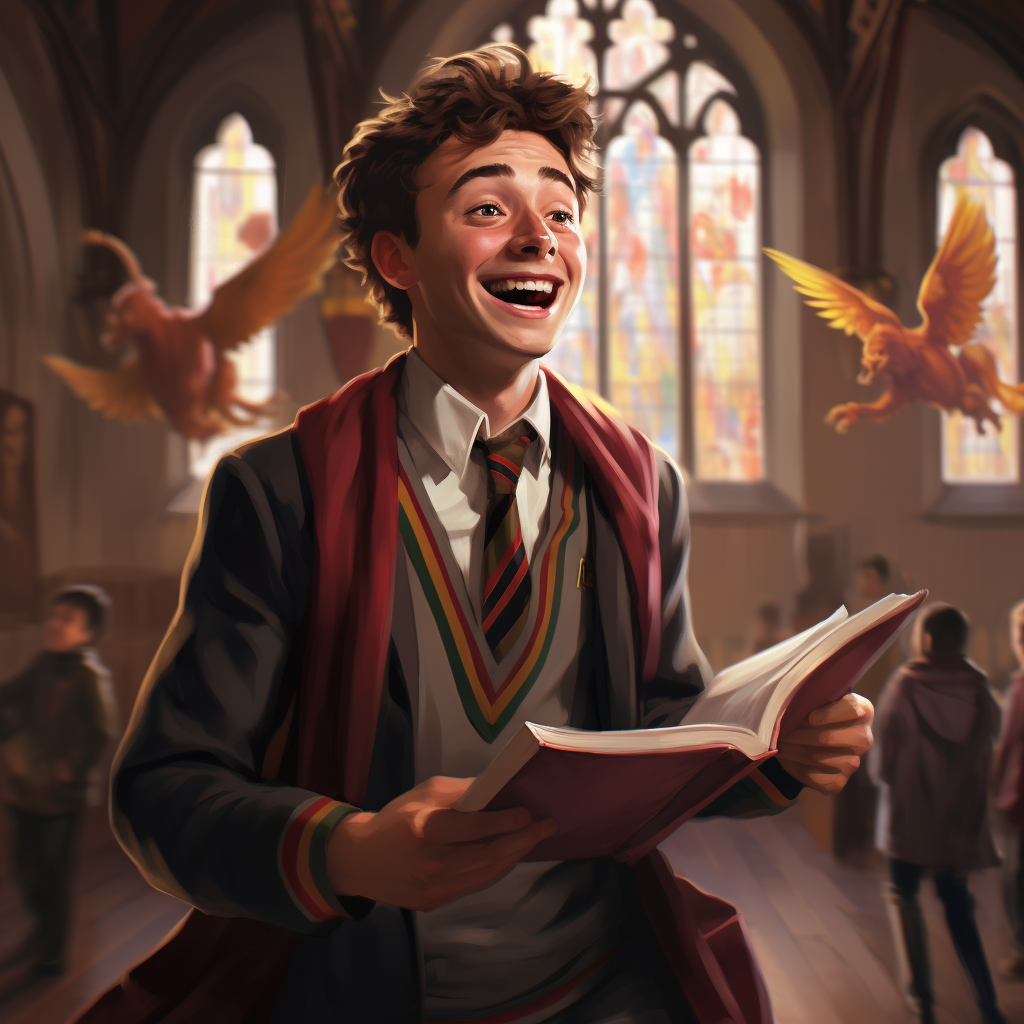 Smiling Gryffindor student in Hogwarts hallway