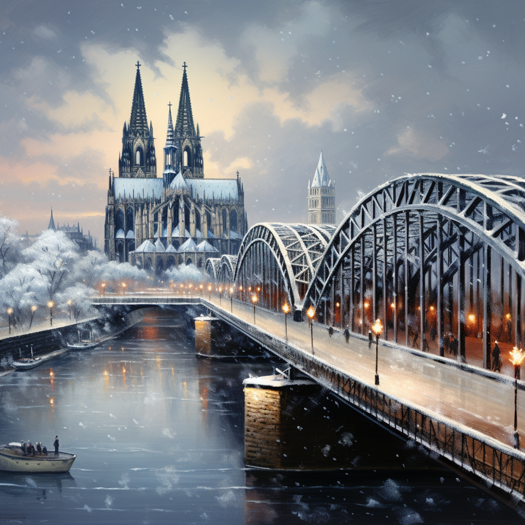 Winter scene with Hohenzollernbrücke, Kölner Dom, and the Rhein