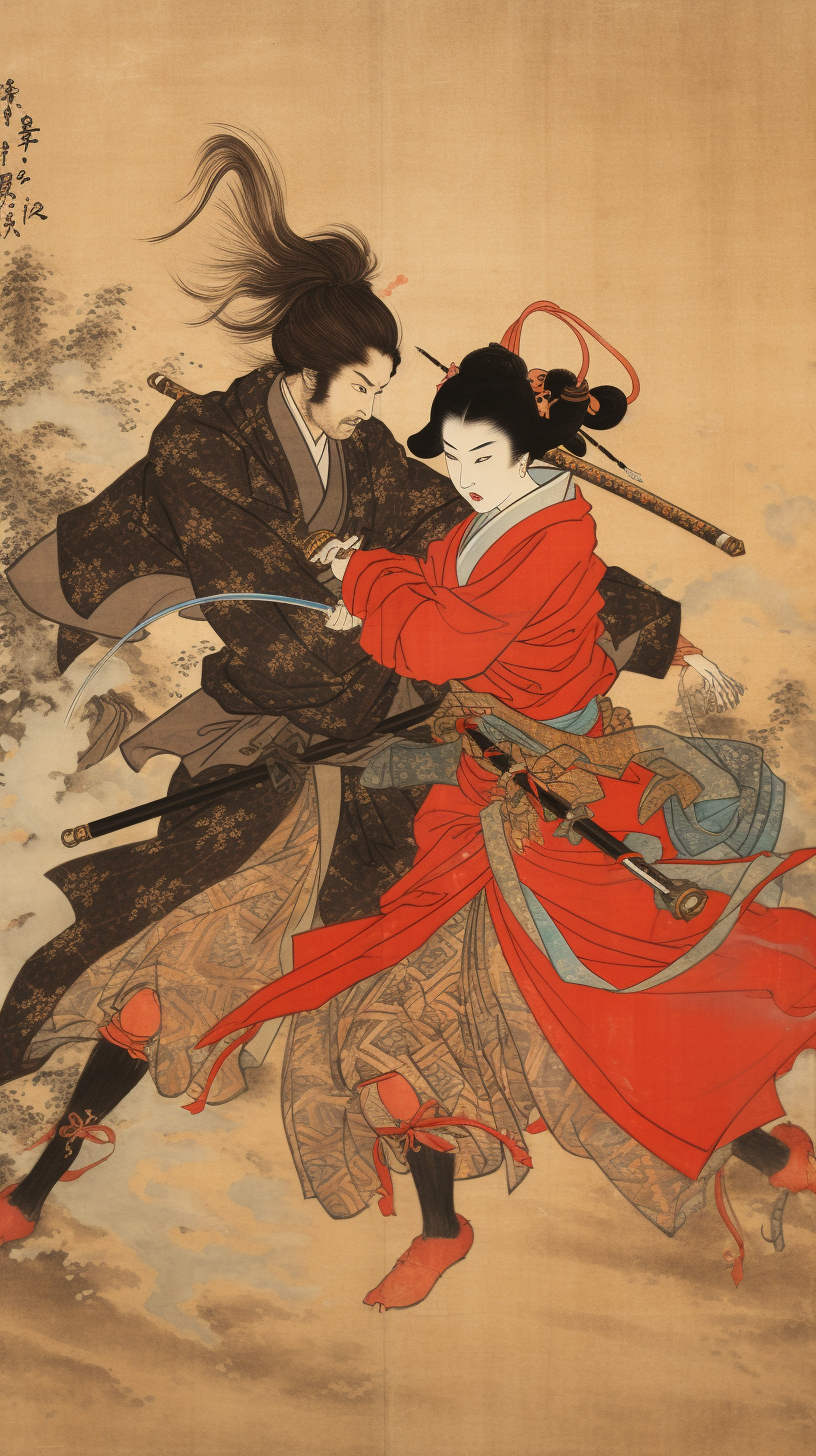 Woman samurai fighting with katana