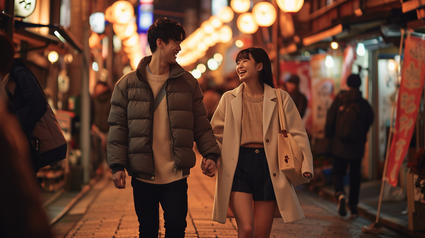 Couple holding hands at Japanese shrine