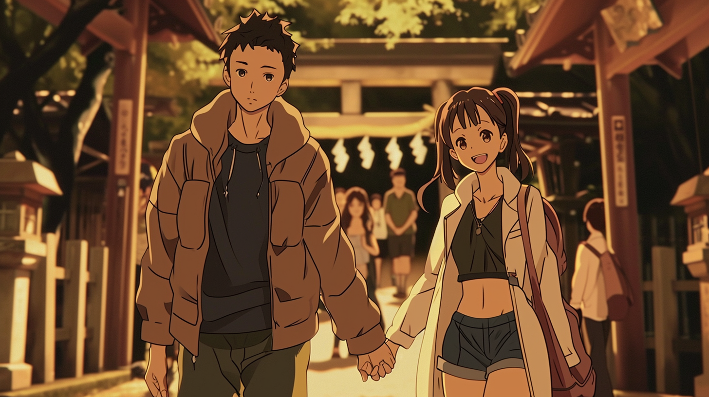 Couple holding hands at Japanese shrine