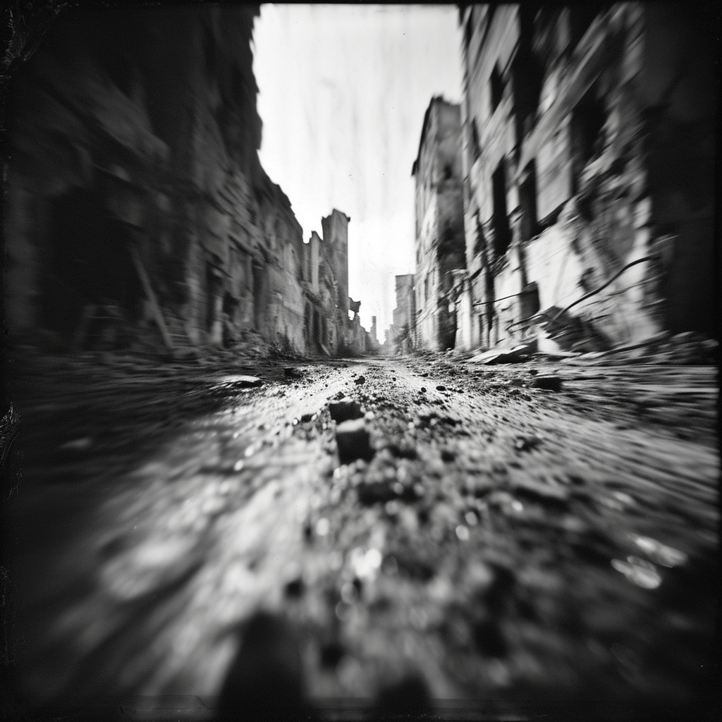 Captivating Holga Monochrome Photo of a Ruined City