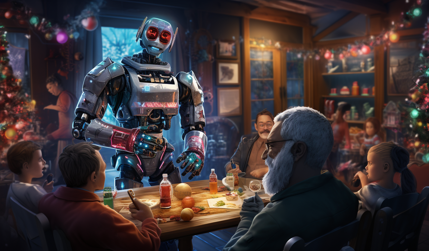 Middle-aged adults and robots conversing at holiday party