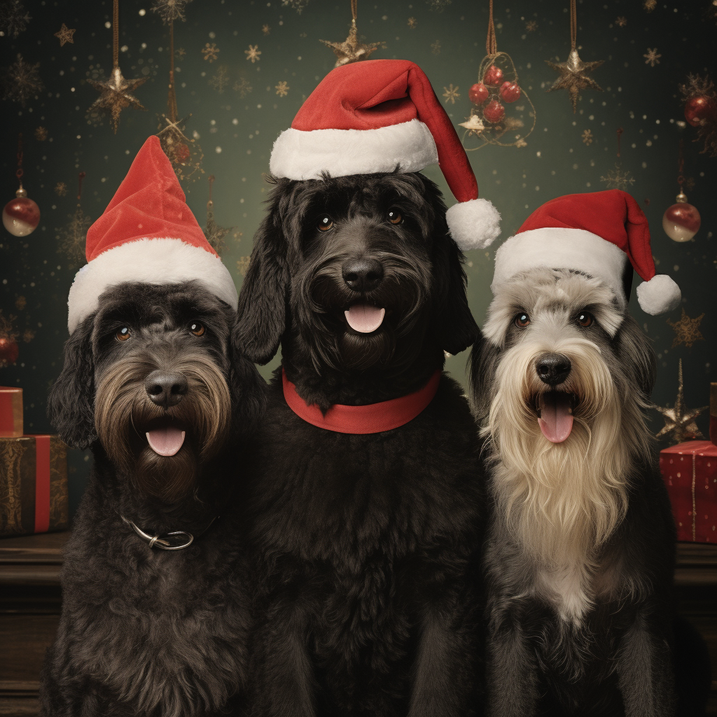 Black poodle, schnauzer, and golden retriever wearing Christmas hats