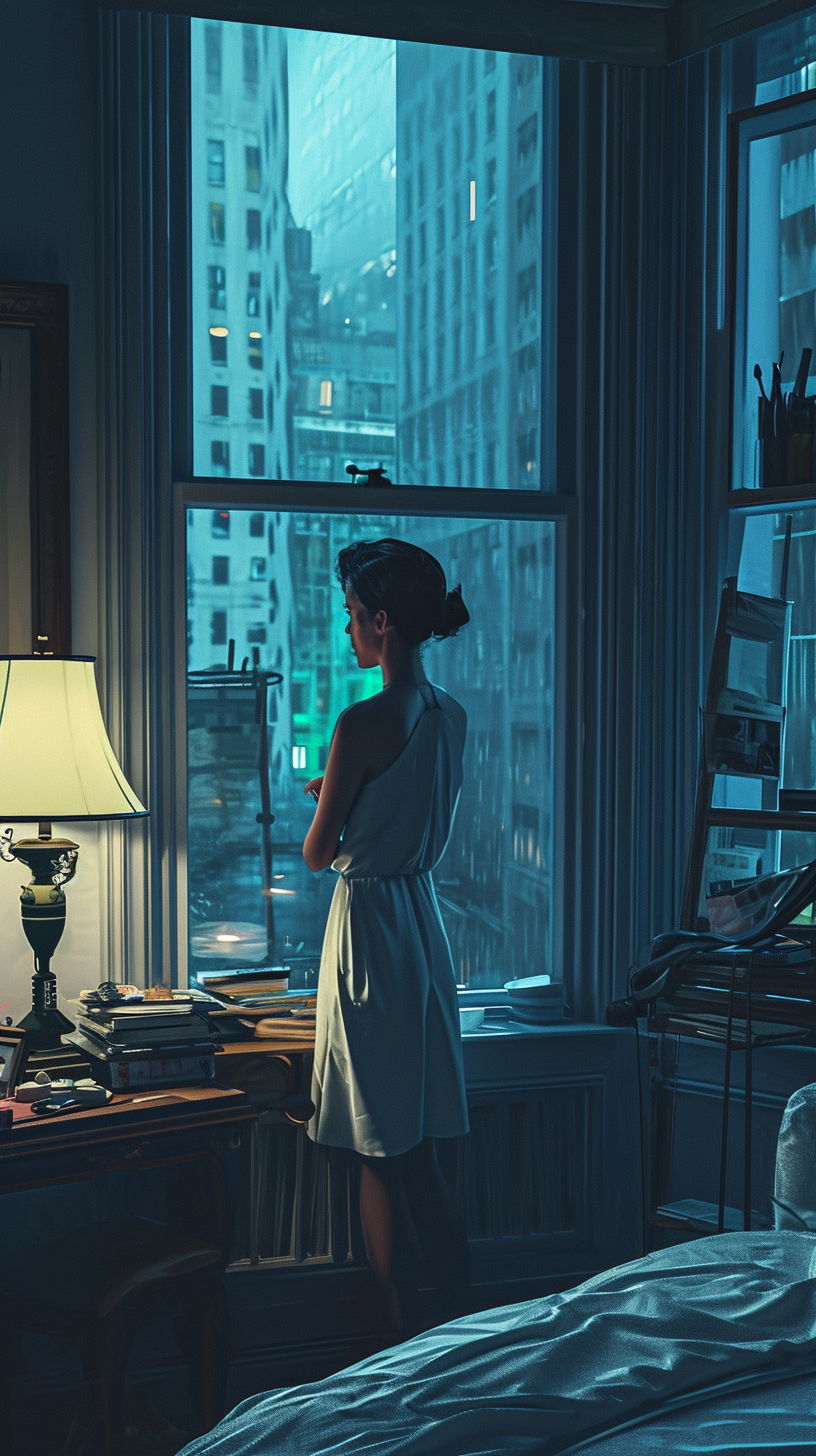 Illustration of Holly Golightly at her New York apartment