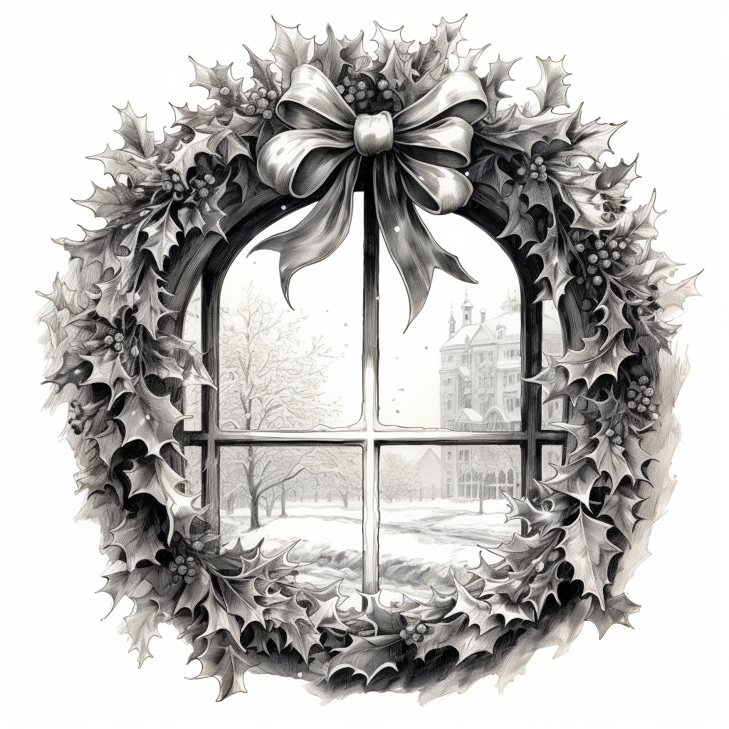 Detailed Holly Wreath on Frosted Window