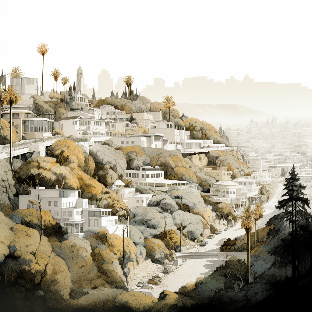 White sketch of Hollywood Hills