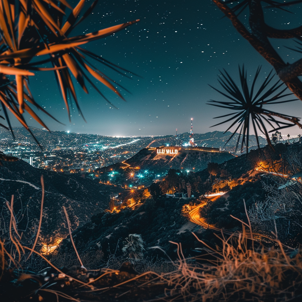 Hollywood sign at night lights