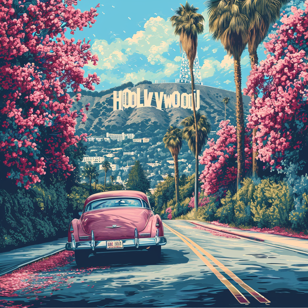 Hollywood scene illustration with psychedelic style