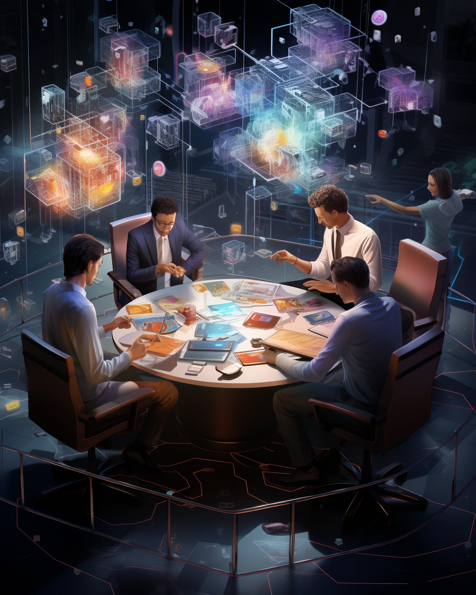 Group discussing holographic AI visuals in conference room