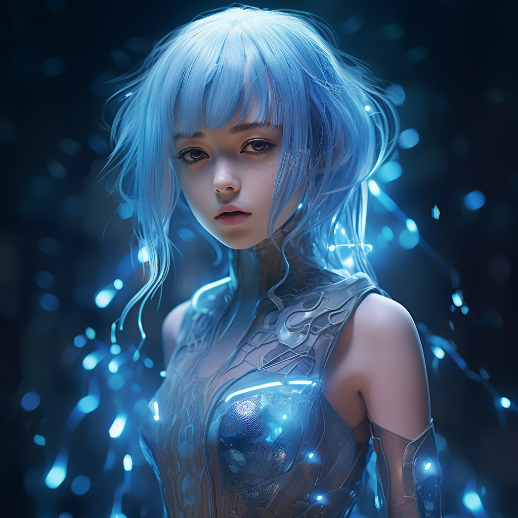 Translucent holographic girl with blue hair in the wind