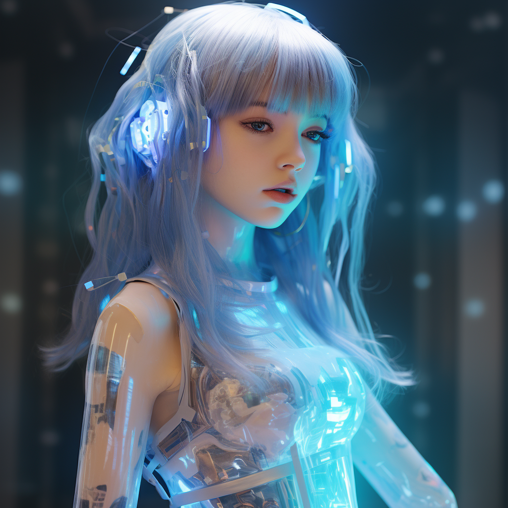 Translucent girl with blue hair surrounded by wind