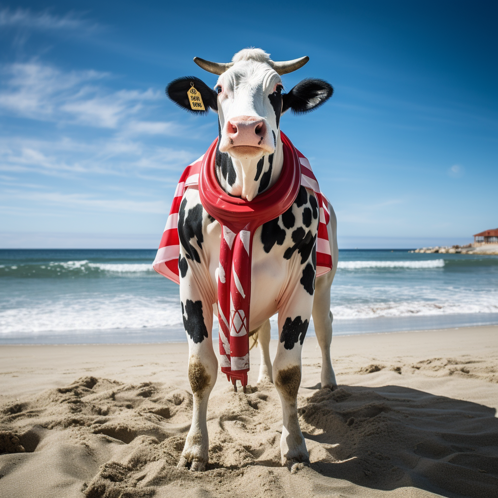 Holstein cow dressed as US lifeguard on beach