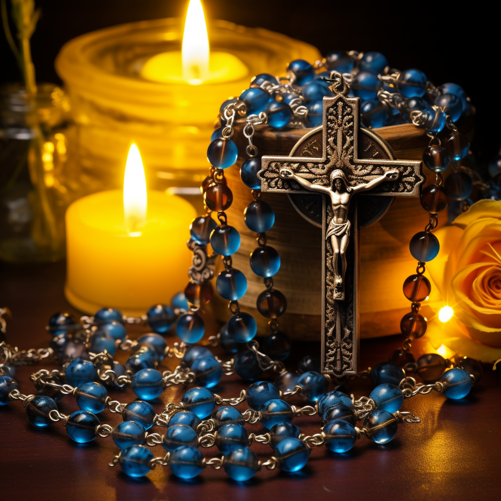 Dark-colored holy rosary with amber beads in blue light