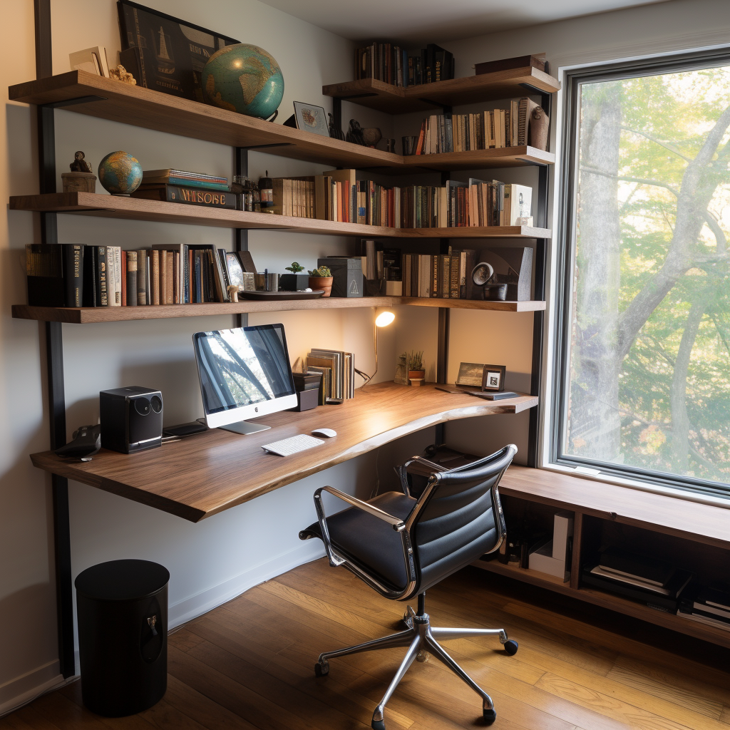 Home office corner desk bookshelf