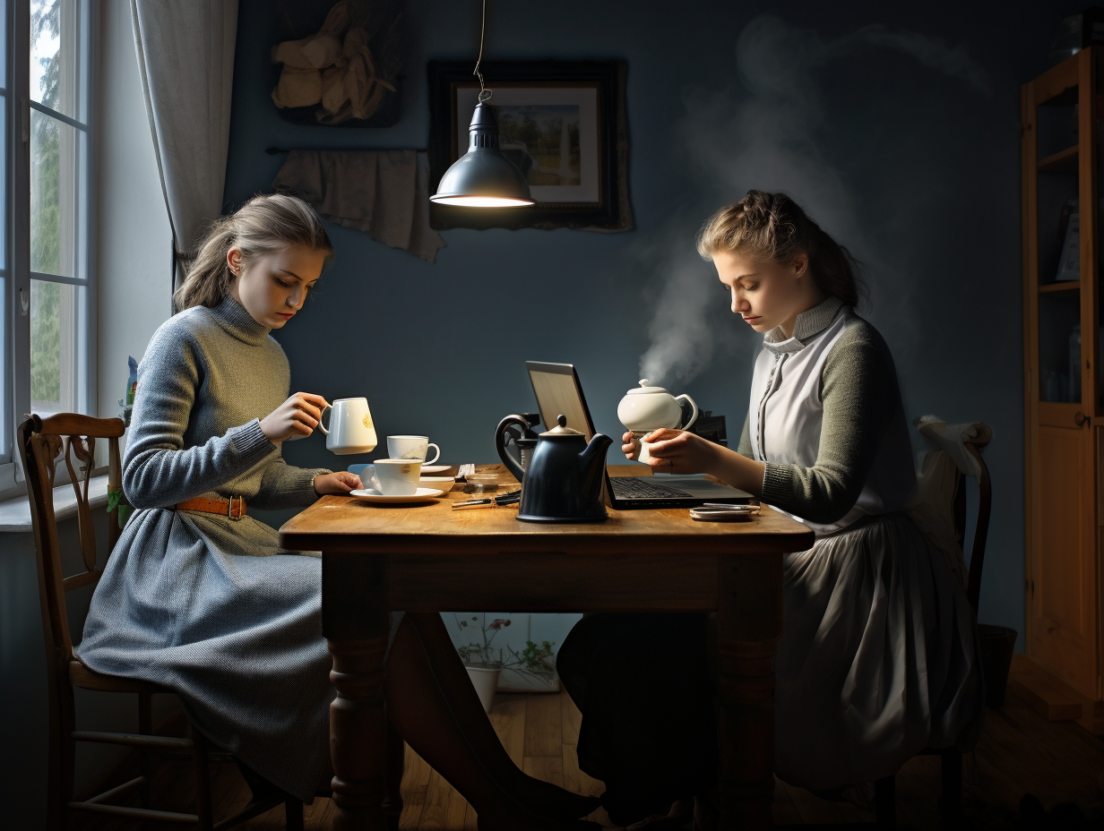 Two women drinking coffee while working