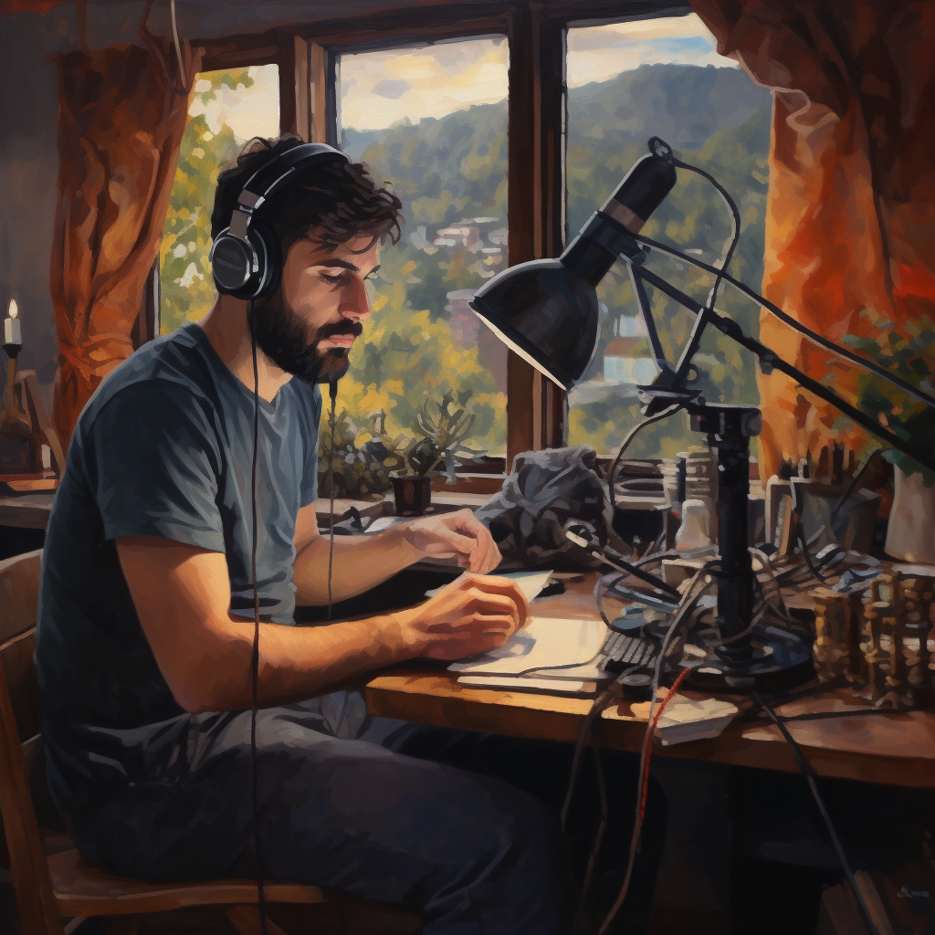 Podcaster recording episode with microphones and oil painting