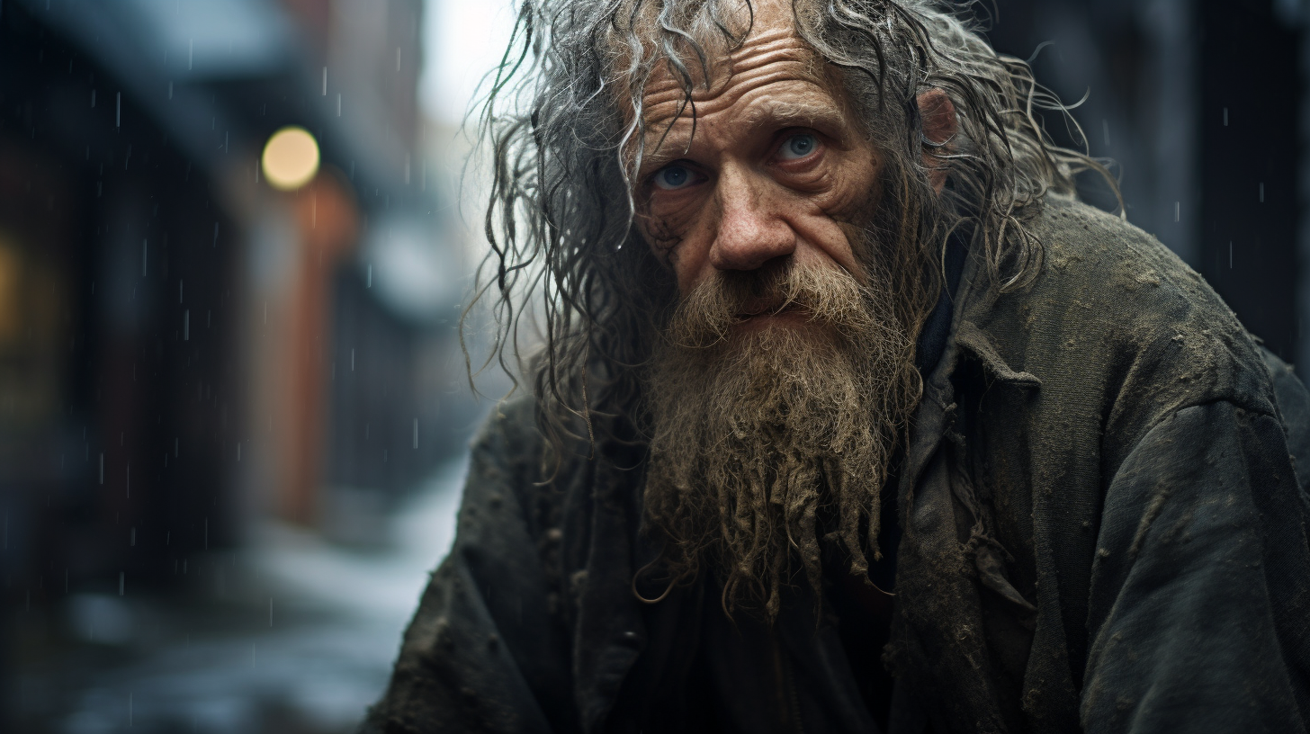 Depiction of a homeless man on a city street