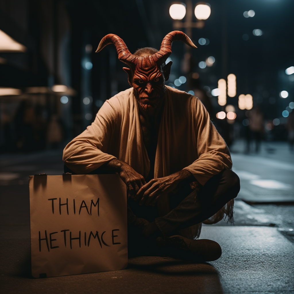 Homeless devil seeking human kindness