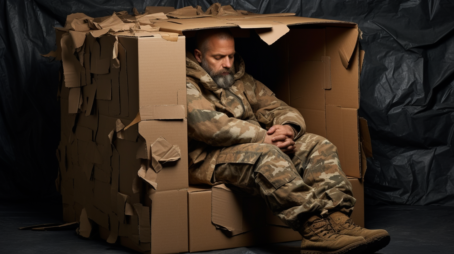 Homeless man in cardboard cell