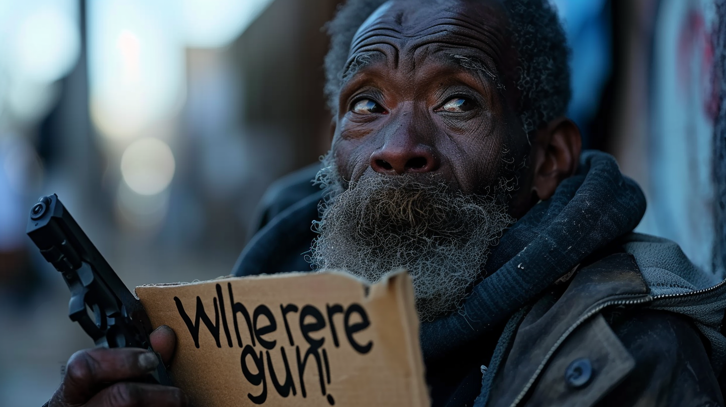 Homeless man with cardboard sign asking for a gun