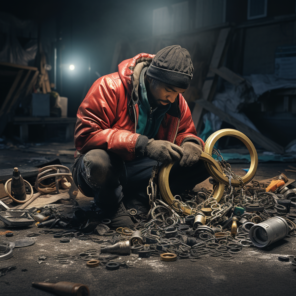 Homeless person disassembling Olympic rings for scrap metal