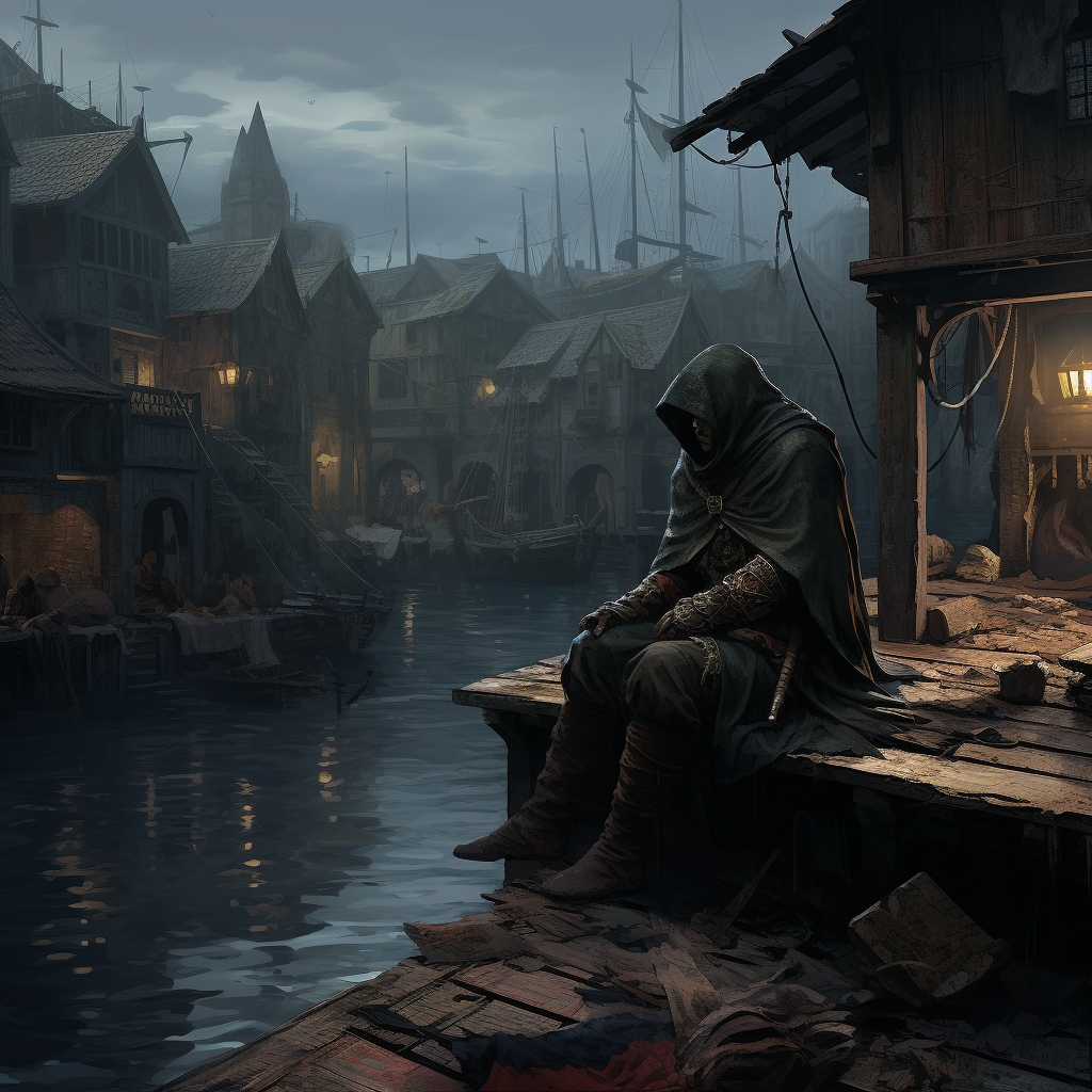 Assassin disguised as homeless person on fantasy docks