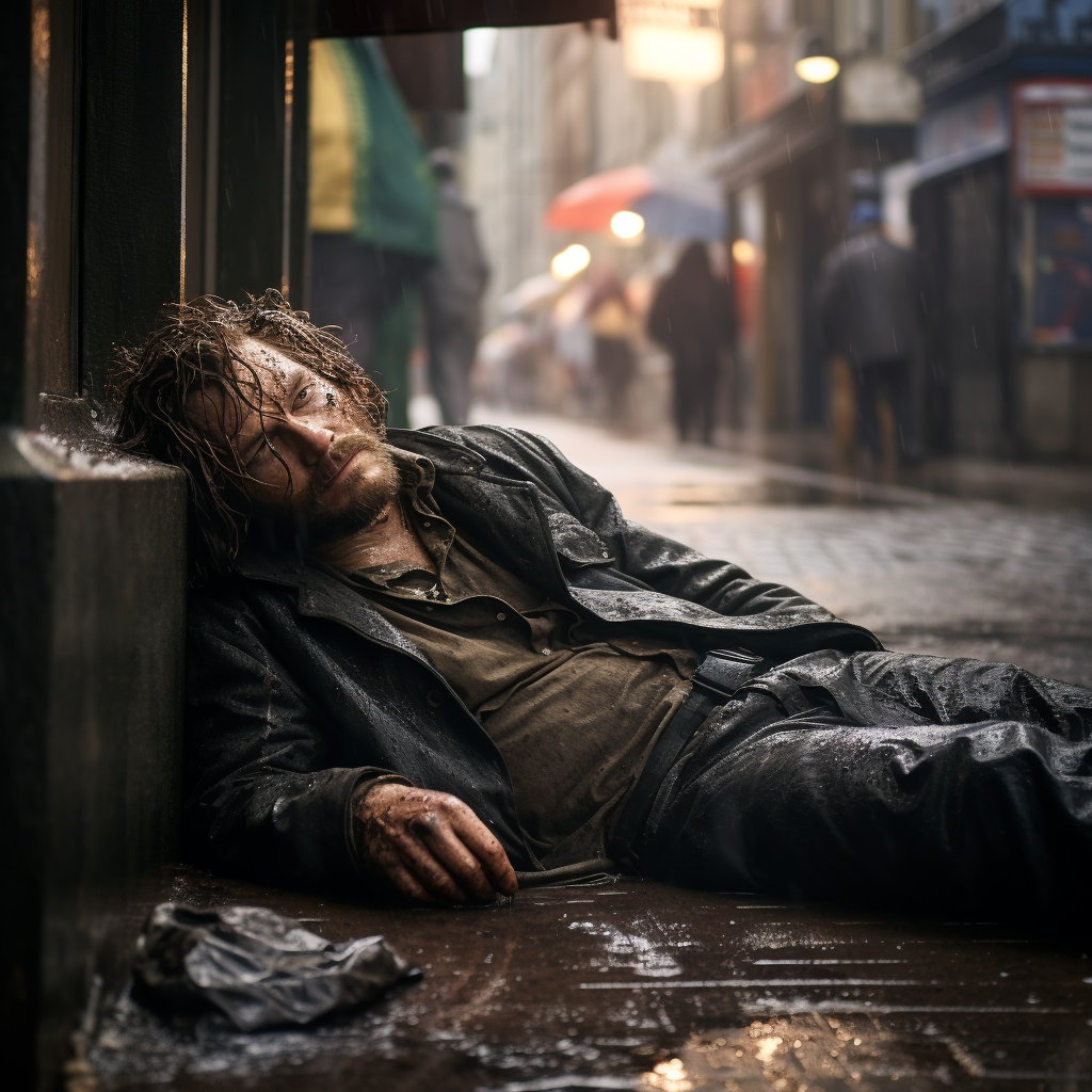 Homeless man in the rain