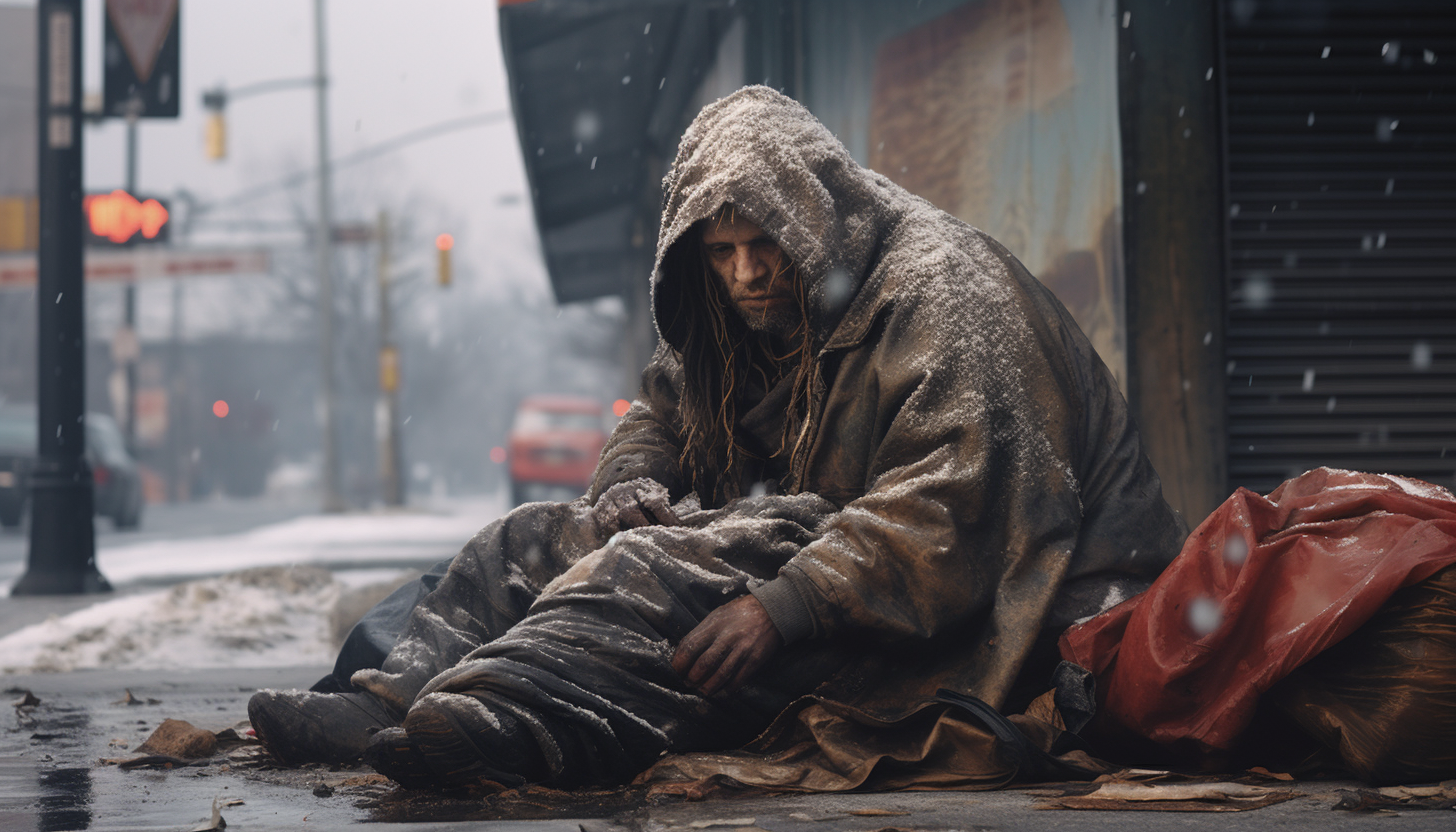 Hyperrealistic depiction of homeless people in streetscape