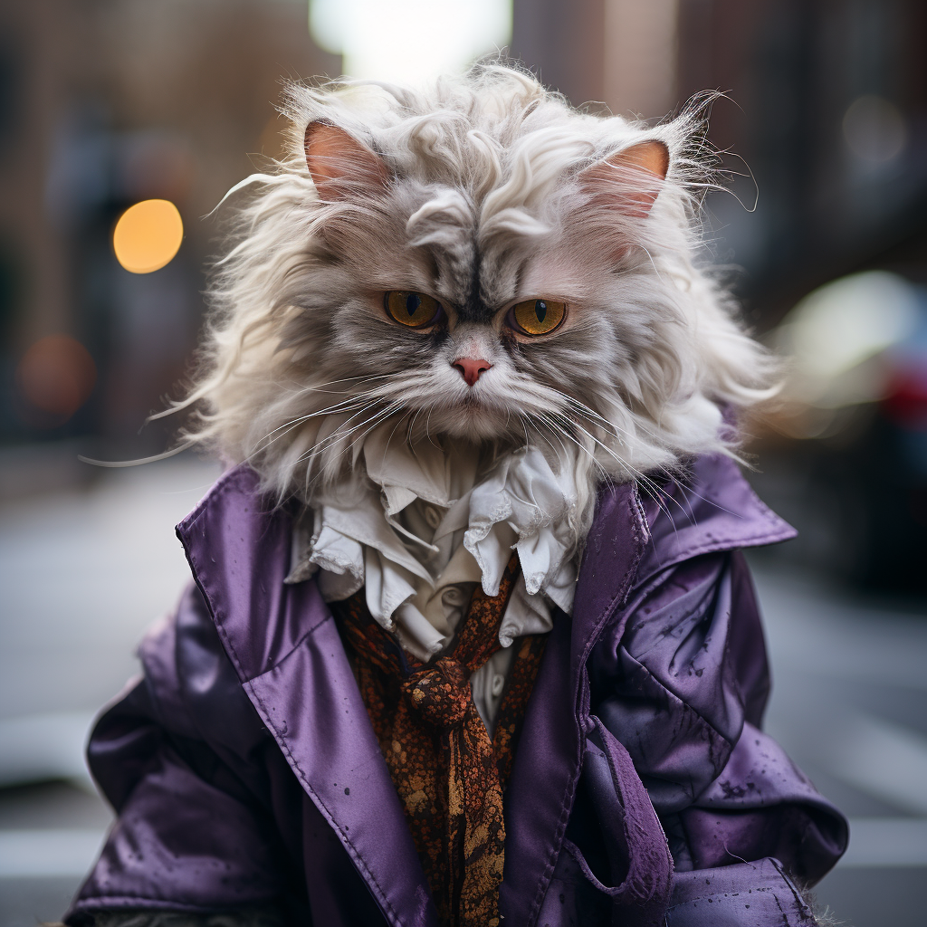 Adorable homeless Persian cat dressed as The Joker