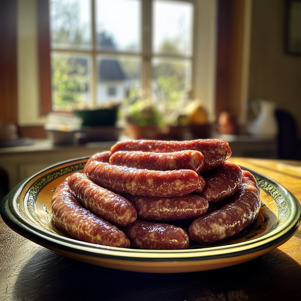 Pickled sausages on kitchen table