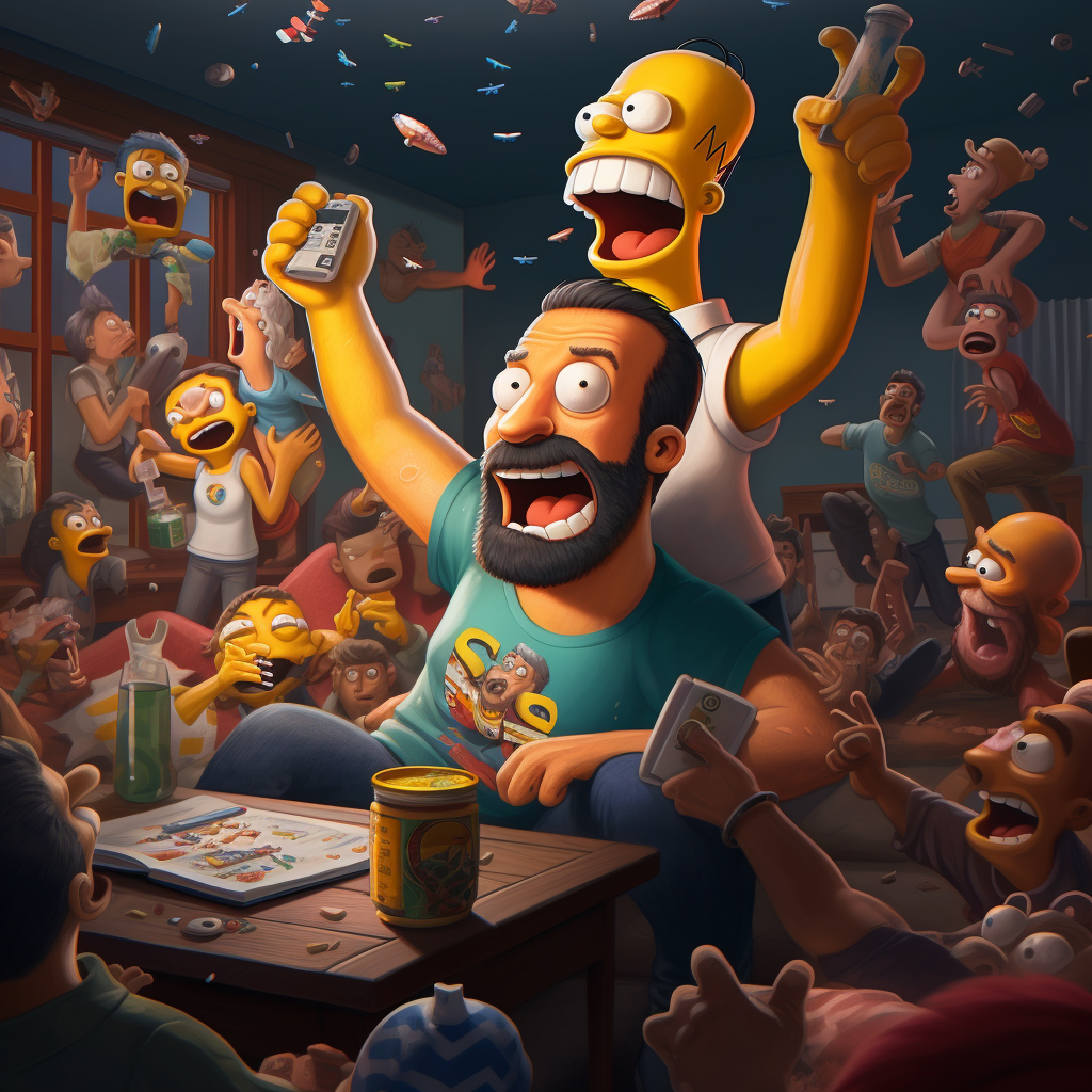 Homer and friends celebrating with cheers and toasts