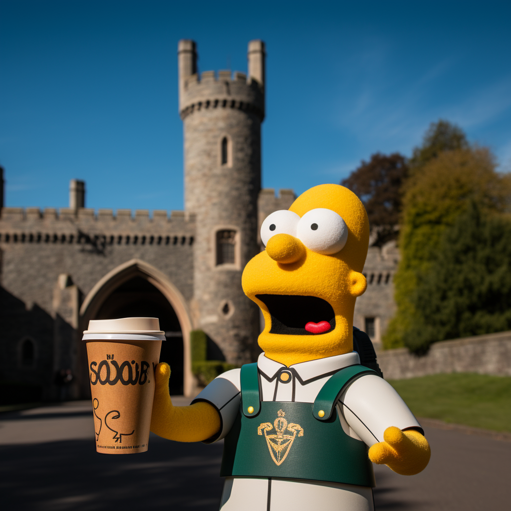 Homer Simpson holding Starbucks cup at Cardiff Castle